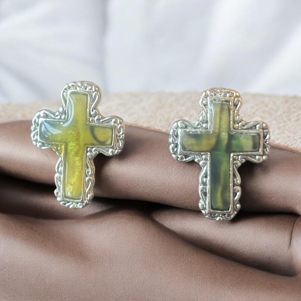 Vintage Silver Cross Tigerseye Inlay Post Earrings